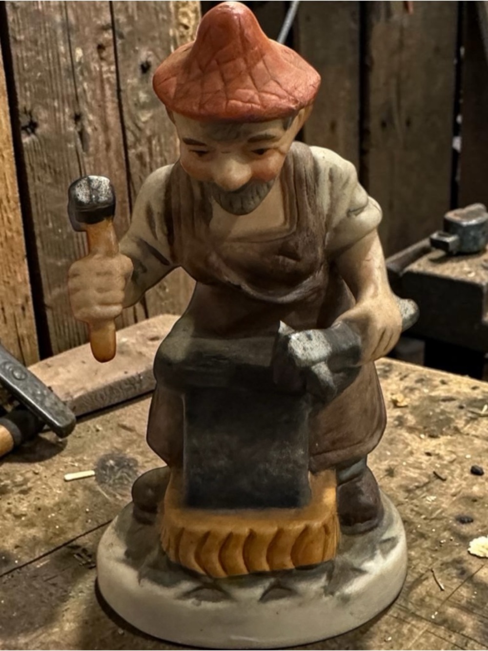 Vintage Ceramic Blacksmith Figurine - Brown & Terracotta Accents 7”